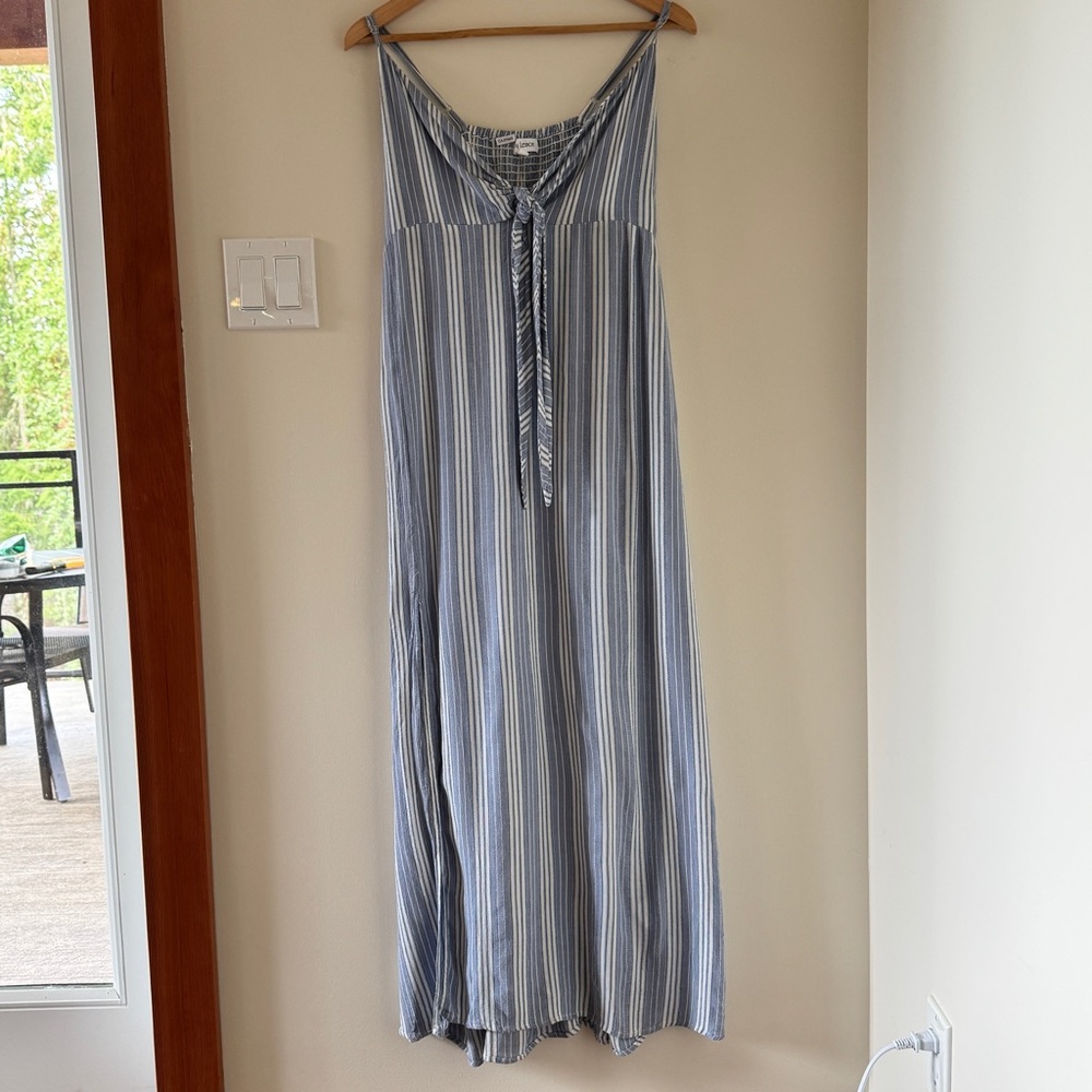 Salty Lemon Blue White Striped Maxi Dress Tie Front Beach Boho Size L - Picture 4 of 16
